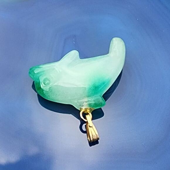 Vintage Polished Jadeite Etched Dolphin Pendant Charm - Picture 5 of 10
